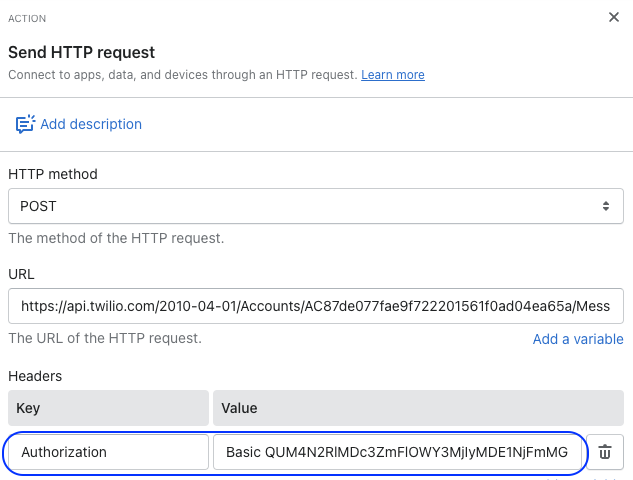 Header Authorization Basic no conector HTTP Request do Shopify Flow
