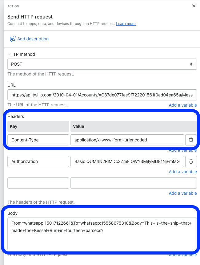 Body urlencoded configurado no conector HTTP Request do Shopify Flow