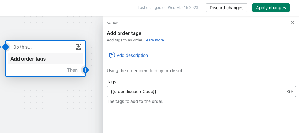 Fluxo Shopify Flow com ação Add order tags após cupom de desconto