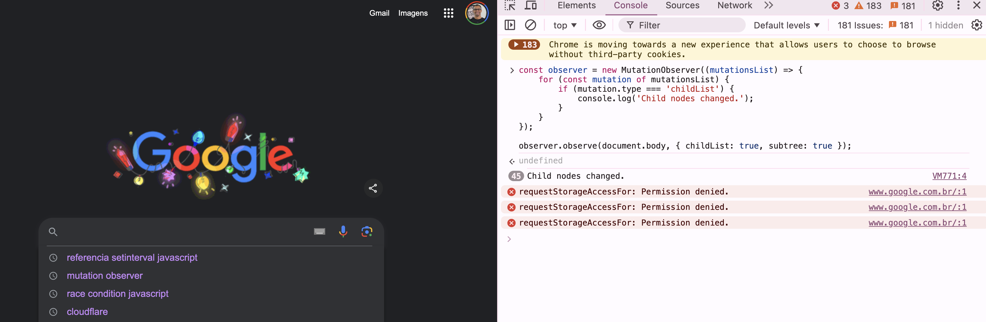 Rodando Mutation Observer no console do Google.com